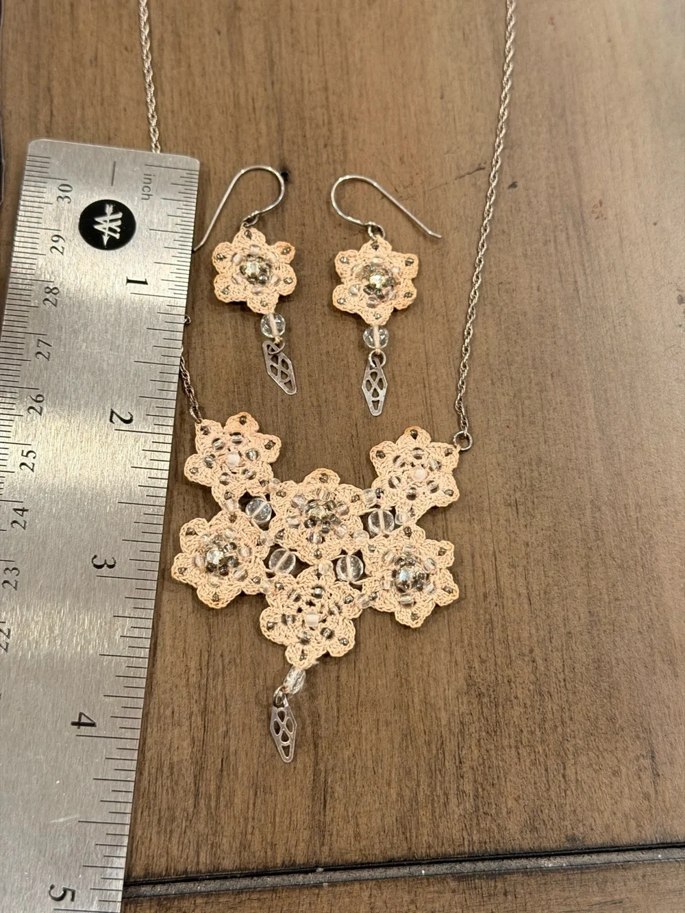 Delicate Cream Crochet Lace Floral Necklace & Earrings Set Vintage Style #